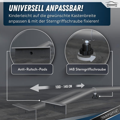 Tarpofix® Anhängerplane Flachplane 140 x 105 x 7,5 cm + 1x Planenbügel (verstellbar 100-145 cm) - ra