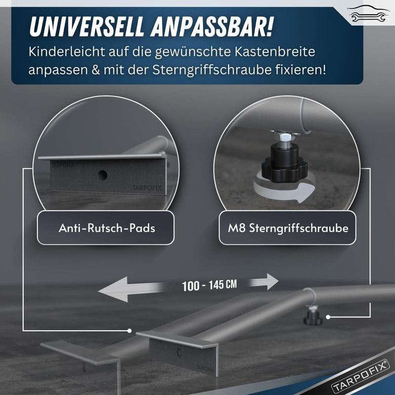 Tarpofix® Anhängerplane Flachplane 140 x 105 x 7,5 cm + 1x Planenbügel (verstellbar 100-145 cm) - ra