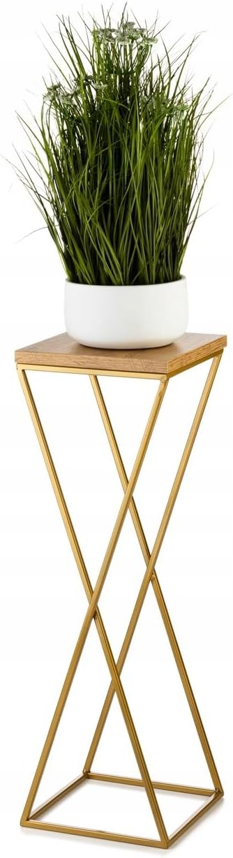 Pflanzenständer Metall 70 cm Hoch - Stabiler und Fester Blumenhocker mit Eiche Optik MDF-Platte auf