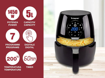 BEPER P101FRI050 Heissluftfritteuse, Frittieren ohne Öl, 5 l, Touchpad, 7 voreingestellte Programme,