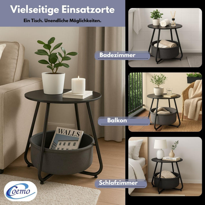 Coemo Couchtisch KOSI Schwarz aus Metall Ø 45 x 45 cm mit Aufbewahrungskorb Canvas, Beistelltisch ru