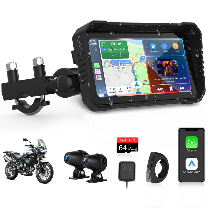 4K Motorrad CarPlay Android Auto mit Dashcam Vorne Hinten, 6,25 Zoll Carplay Bildschirm GPS Dashcam
