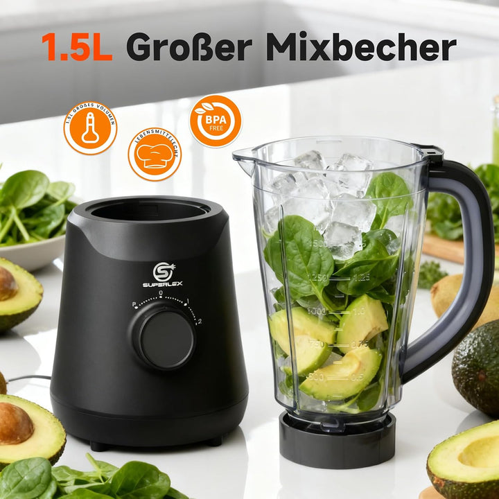 Standmixer 500W Smoothie Maker, 1,5L Mixer mit 2 Geschwindigkeiten | Pulsfunktion, Edelstahlklingen