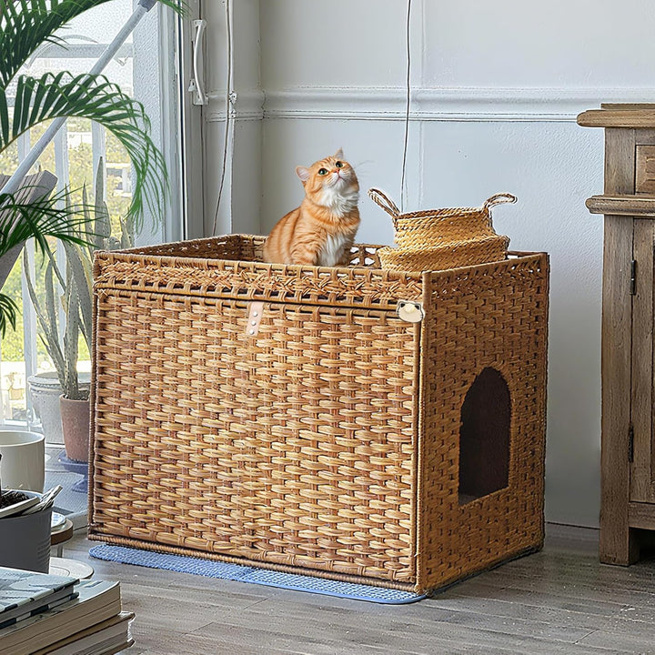 Katzenklo: Versteckte Katzentoilette aus Rattan in Möbeloptik mit auslaufsicherer Katzenklo-Matte fü