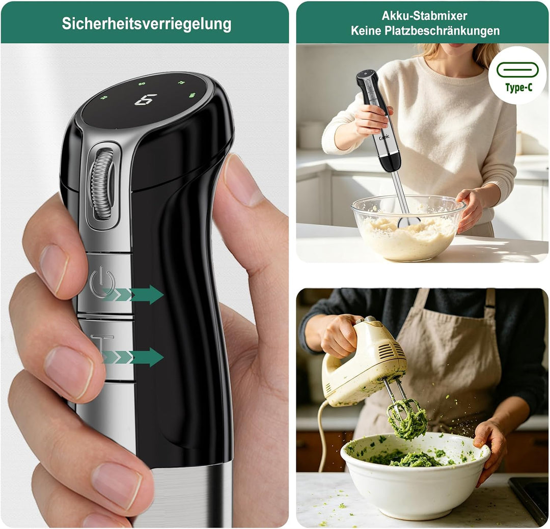 Camic Stabmixer, Kabelloser Elektrische Handmixer mit 6-Stufiger + Turbo, LED-Anzeige, 4-in-1 Tragba