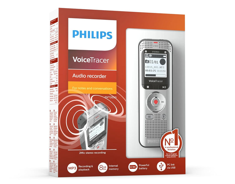 Philips VoiceTracer DVT2050 digitales Diktiergerät Audiorecorder Aufnahmegerät, Stereo MP3, 8GB