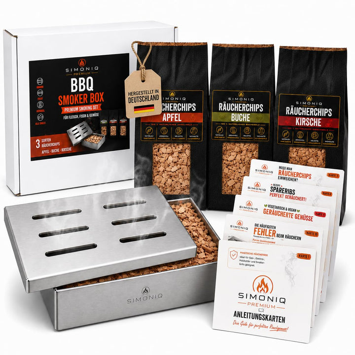 Generisch SIMONIQ Premium Räucher Set – Edelstahl Räucherbox mit 3× 150g Räucherchips &amp; Anleitungska