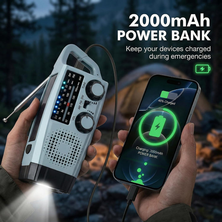 Notfall Radio Kurbelradio mit Handkurbel, Solar Radio mit 2000mAh Powerbank, AM/FM Radio mit LED Tas