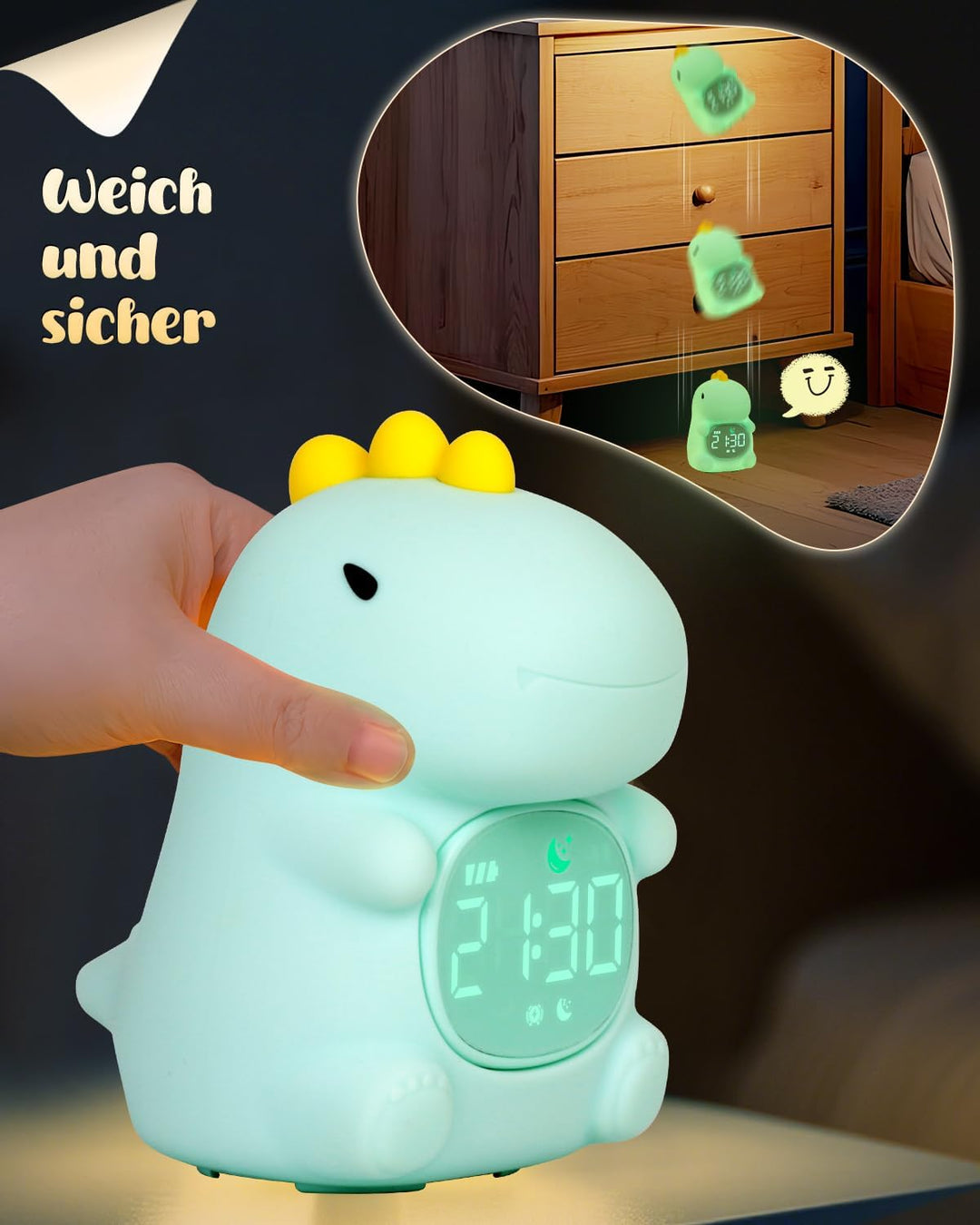Yiliaw Dinosaurier Kinderwecker mit Nachtlicht – Schlaftrainer & Aufwachuhr, wiederaufladbare Siliko