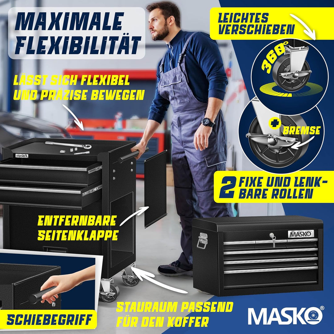 MASKO® Werkstattwagen inkl. Koffer - 9 Fächer Abschliessbar | Massives Metall | Mobiler Werkzeug-Wag