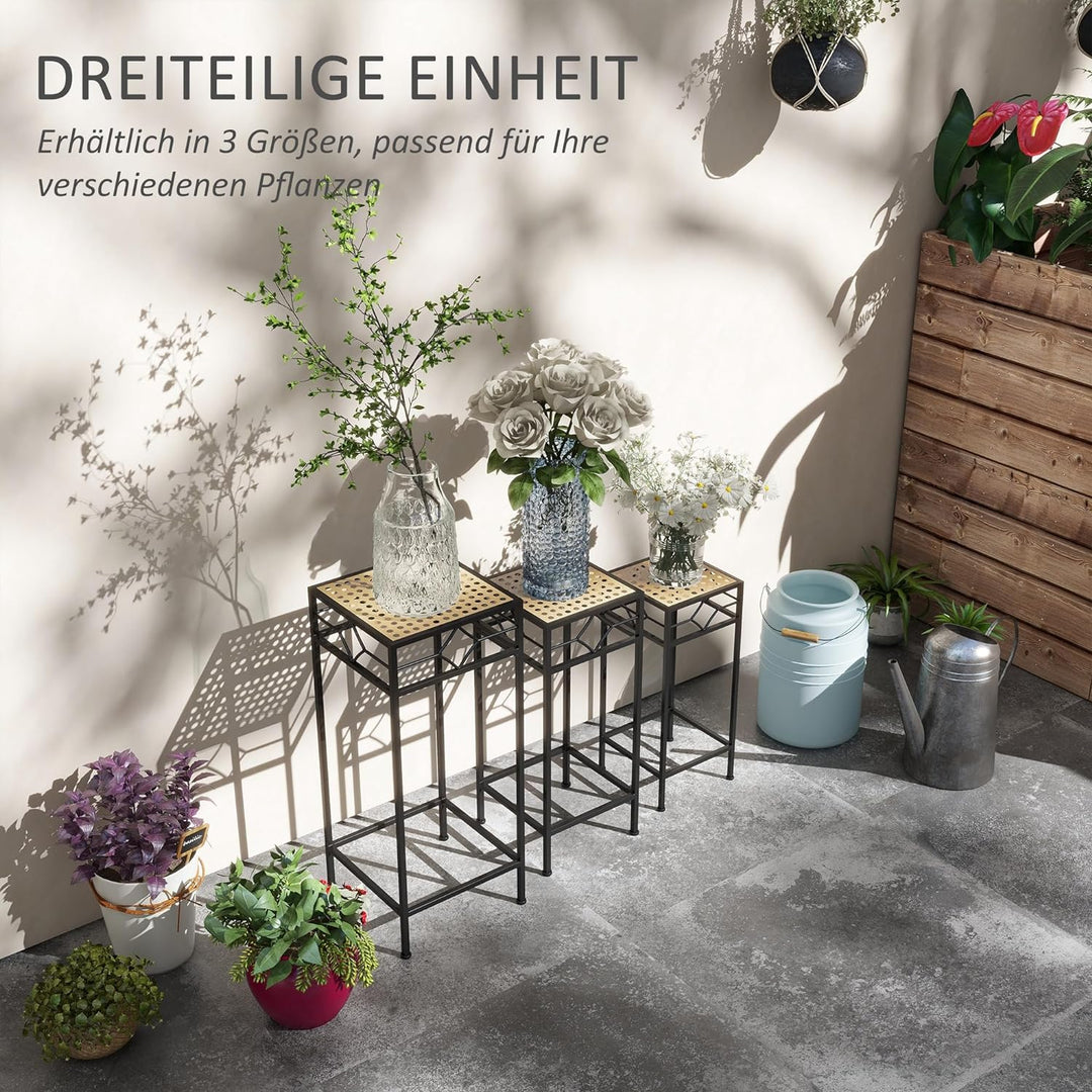 Outsunny 3-tlg. Pflanzenständer Stapelbarer Blumenhocker Blumentopfhalter mit Rattanoptik Pflanzenho