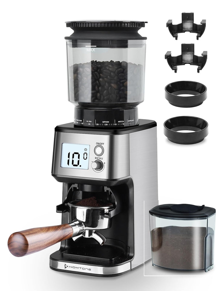 Homtone Elektrische Kaffeemühle für Siebträger und Behälter, 51 einstellbare Mahlgrade, Automatische