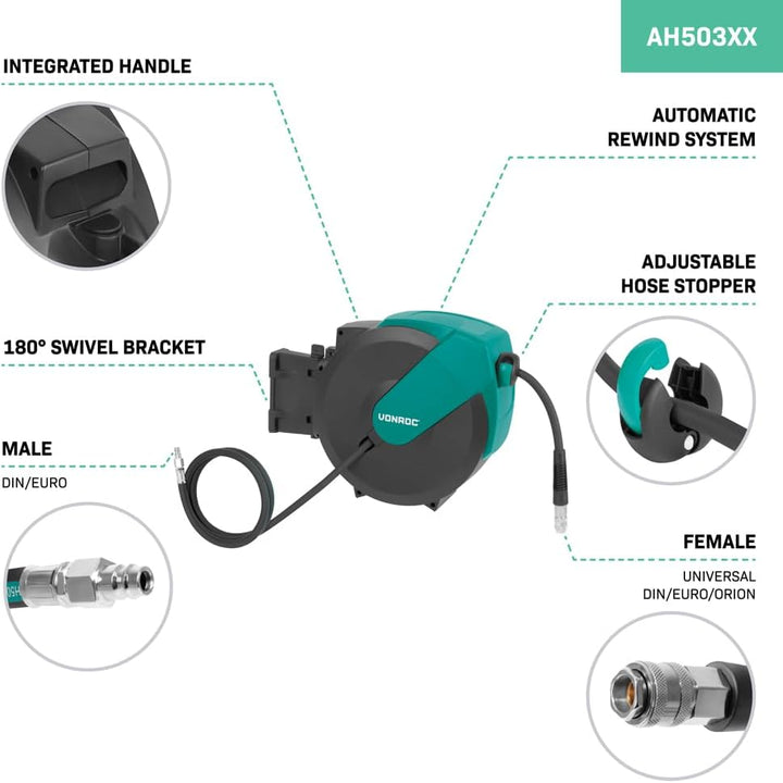 VONROC PRO Automatische Druckluft-Schlauchtrommel 15M – Aufrollbarer Druckluftschlauch, 1m Zuleitung