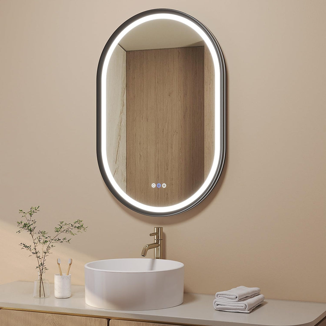 AQUABATOS Badspiegel mit Beleuchtung Oval schwarz quer senkrecht 60 x 90 cm Aluminiumrahmen Schrägde