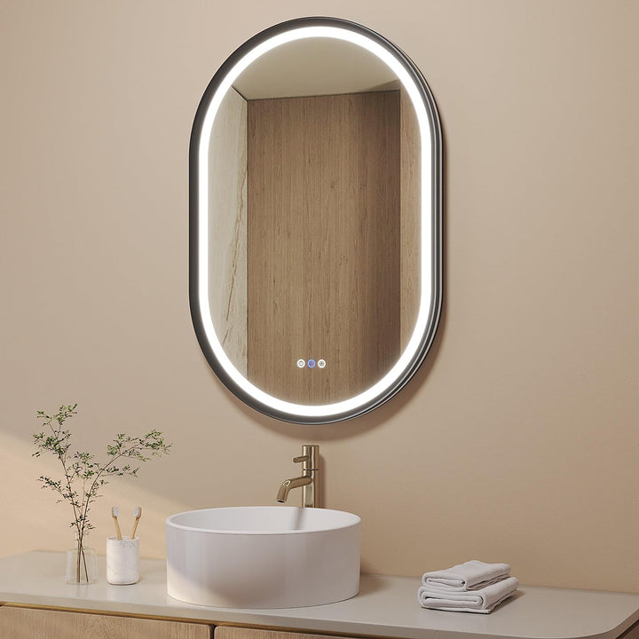 AQUABATOS Badspiegel mit Beleuchtung Oval schwarz quer senkrecht 60 x 90 cm Aluminiumrahmen Schrägde