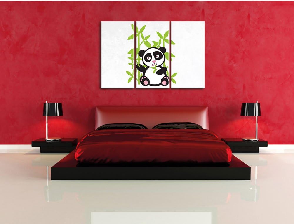 Pixxprint Süsser Panda mit Bambus / 3-Teilig/Gesamtmass 120cm Leinwandbild bespannt auf Holzrahmen/W