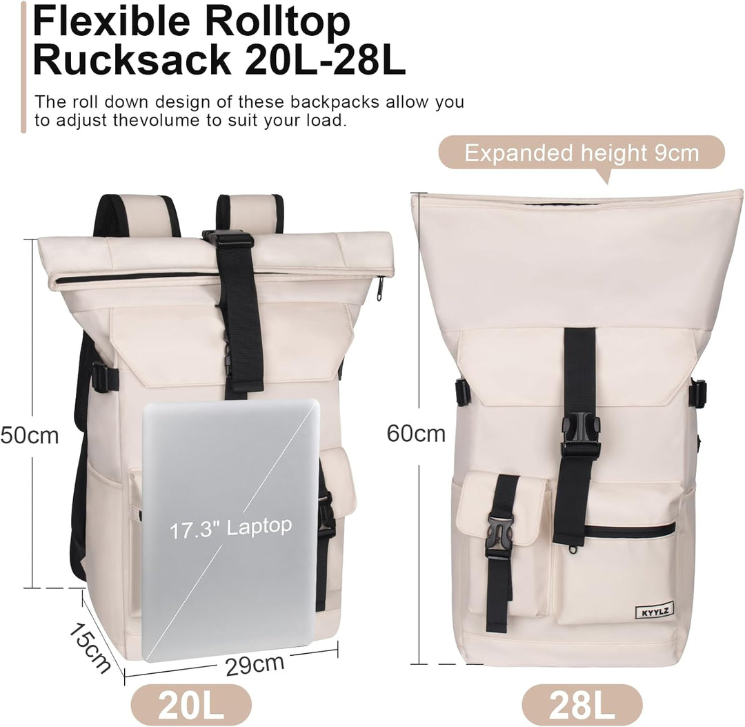 Rucksack Damen,Rolltop Rucksack Herren,28L Gross Schulrucksack Rucksack Wasserdicht mit Laptopfach 1