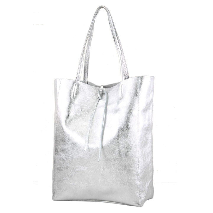 modamoda de - T163 - Ital. Shopper Large mit Innentasche aus Leder, Silber-metallic