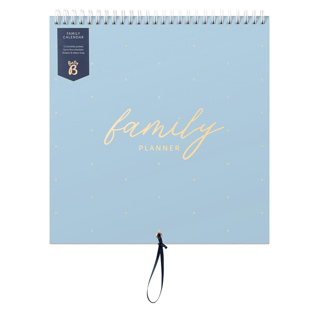 Busy B - Grosser Familien-Wandkalender 2026 - Puderblau Design mit 5 Spalten & Aufbewahrungstaschen