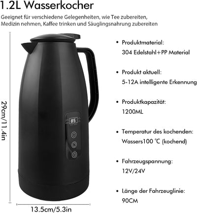 12v - 24v Wasserkocher für Auto, 1,2 Liter Elektrischer Mobiler Wasserkocher Edelstahl mit 12/24 Vol