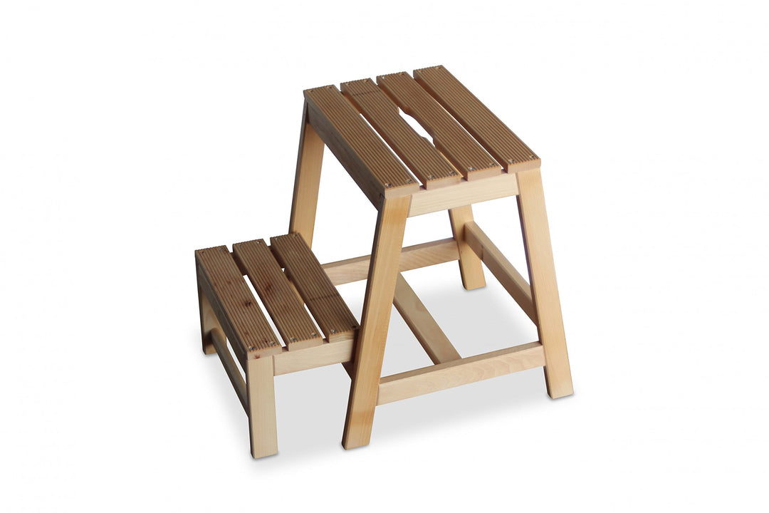 GartenDepot24 Stabiler Tritt Hocker aus Buchenholz mit 2 Stufen, klappbar, Natur, B38 x T54 x H45 cm