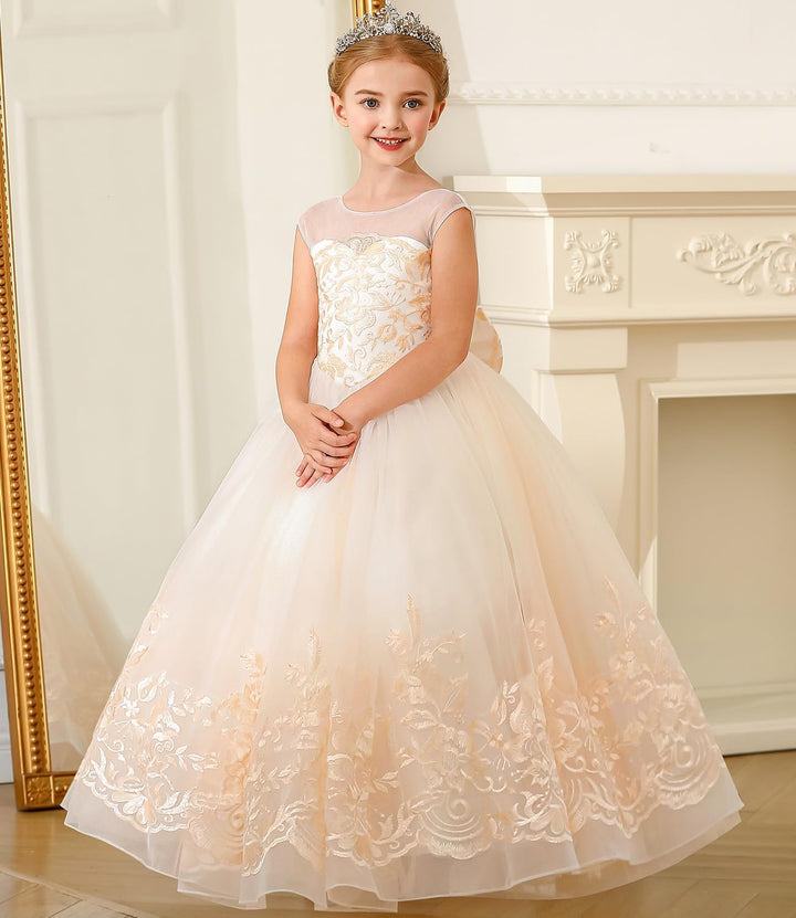 PLWEDDING Spitze Lange Ärmel Blumenmädchen Kleid Prinzessin Tüll Kleid für Kinder Erstkommunion Klei