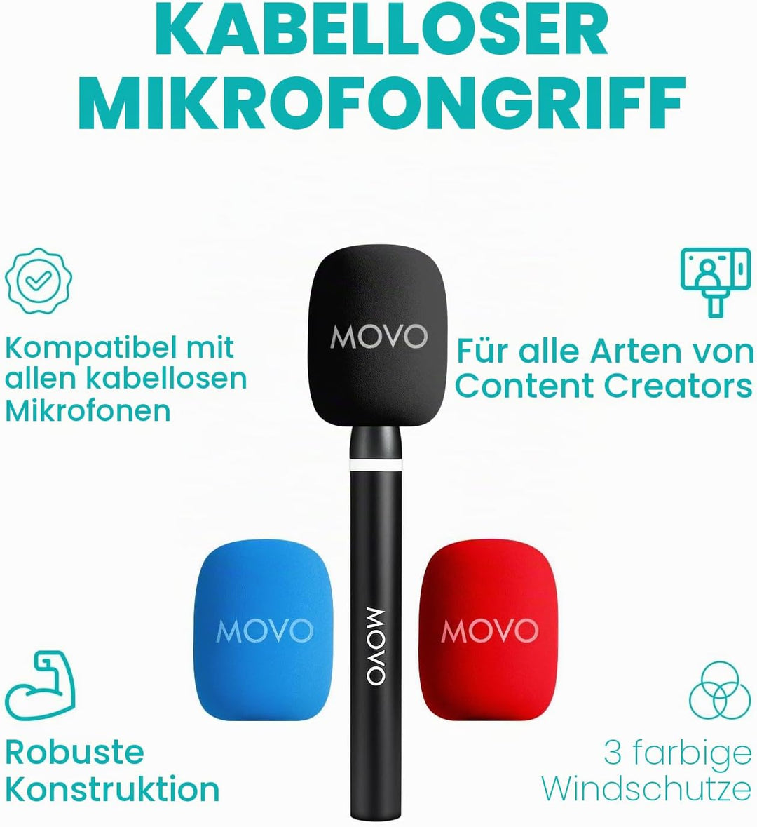 Movo WMX-HM2 Kabelloser Mikrofongriff für DJI Mic, Rode GO II - Handheld Interview Grip mit Mic Halt