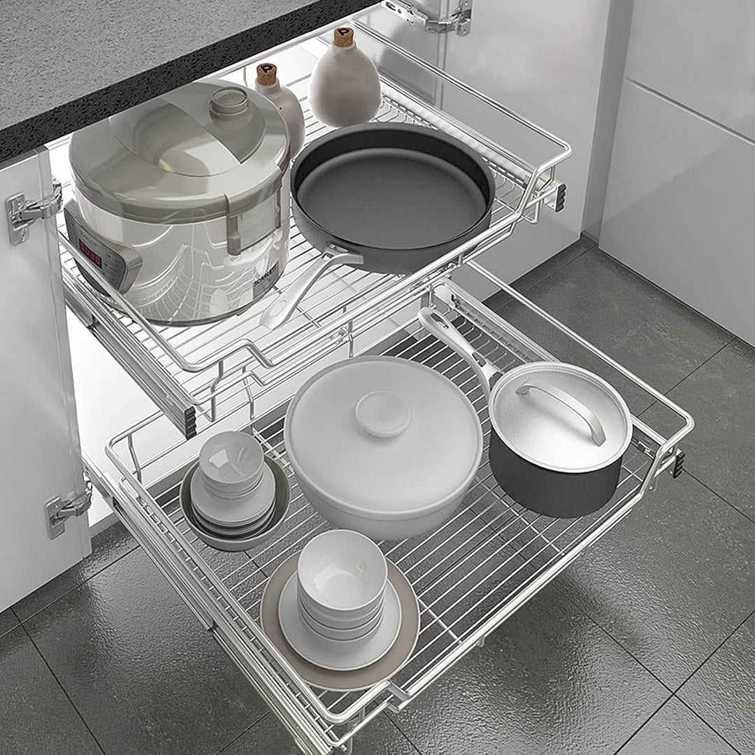 NAIZY 2x Teleskopschublade 40cm Breite anwendbar Küchenschublade Silber Küchen Regal aus Massiver Ed