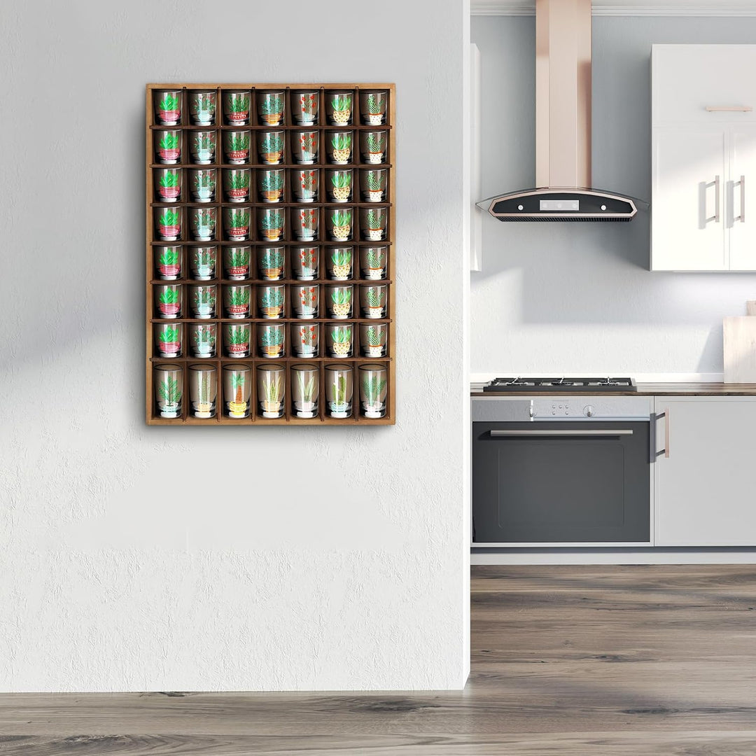 Barydat Schnapsglasvitrine aus Holz, 56 Fächer, Wandmontage, rustikaler Barschrank (Braun, 1 Stück)