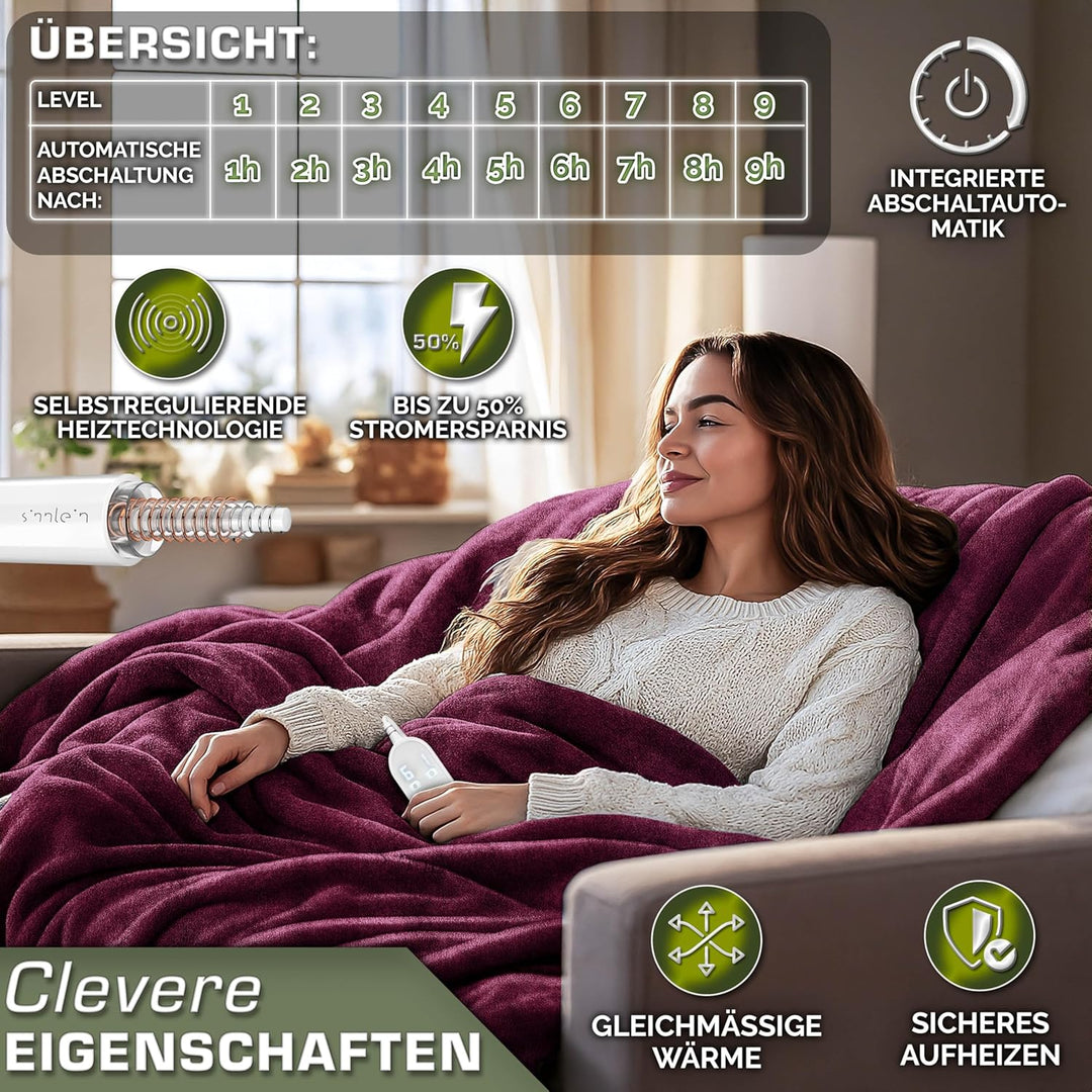 Heizdecke aus Plüsch 180 x 130 cm | elektrische Wärmedecke mit Abschaltautomatik | Kuscheldecke | Ti