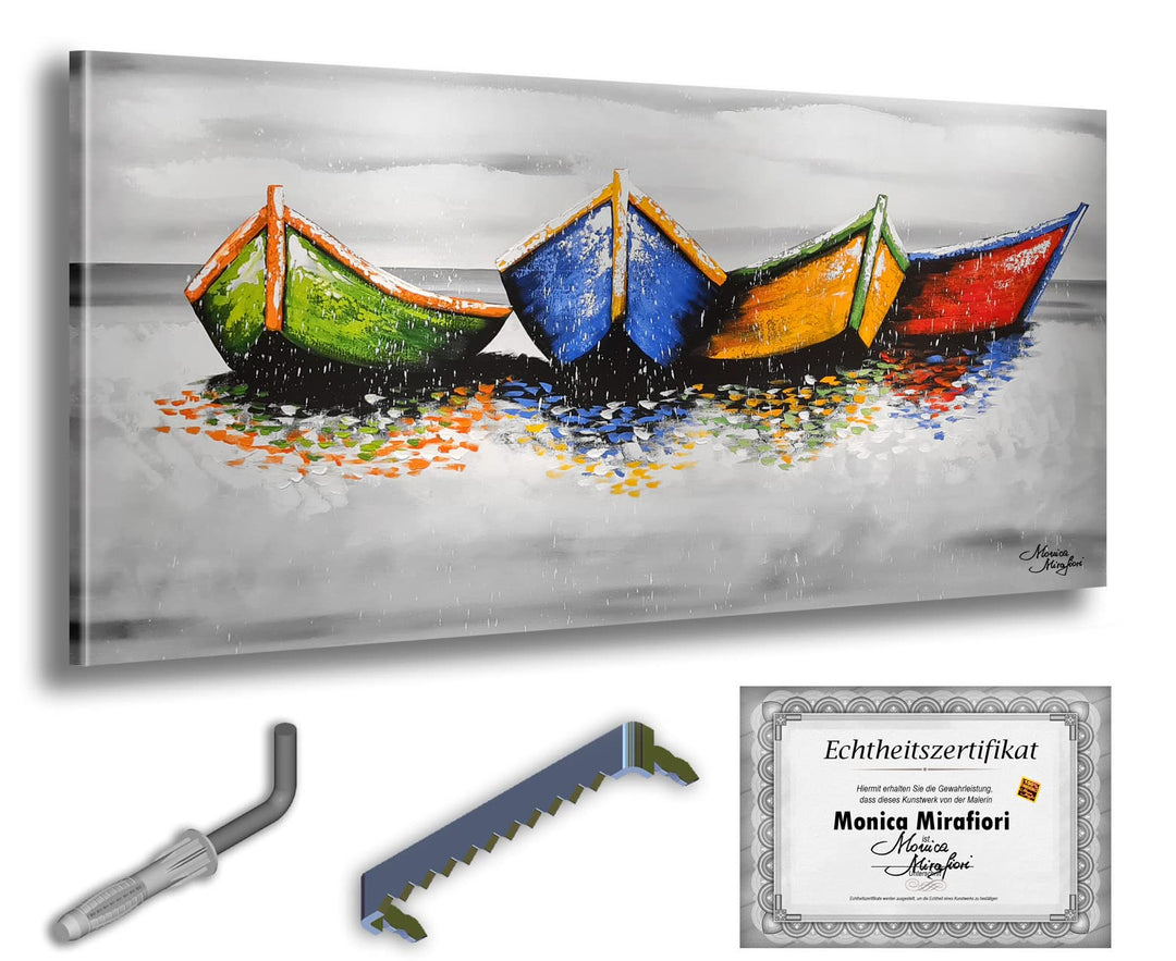 Monica Mirafiori I 100% HANDGEMALT I Gemälde Boote am Strand 100x50cm | Gemälde Handgemalt | Acrylge