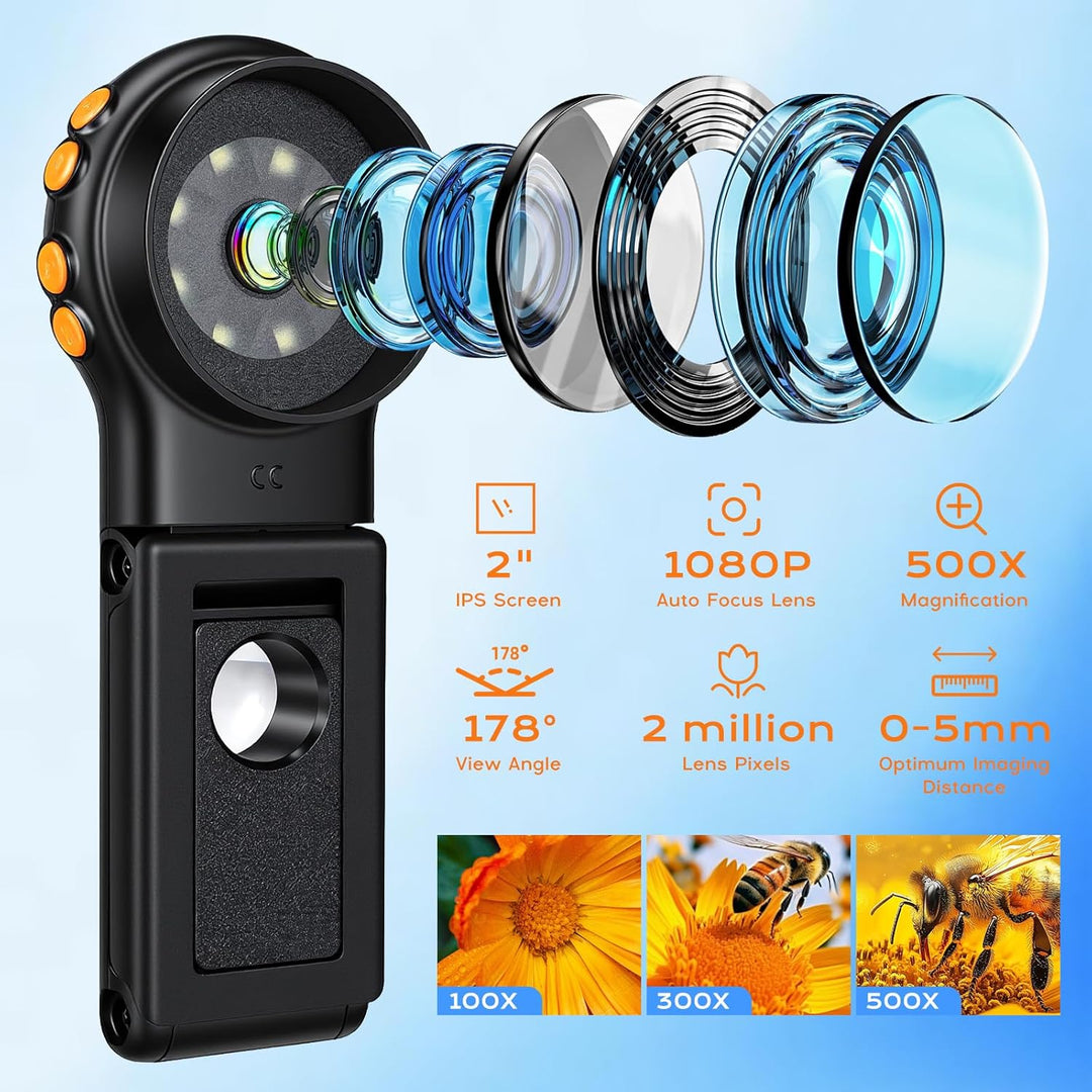 Handy Mikroskop 500X Vergrösserung Digitales Taschenmikroskop Tragbares 2" IPS Bildschirm Microscope