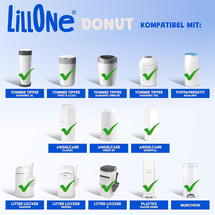 LillOne Donut 12 Universelle Extra-Lange Nachfüllkassetten für Windeleimer – Neue Anti-Geruchs-Forme