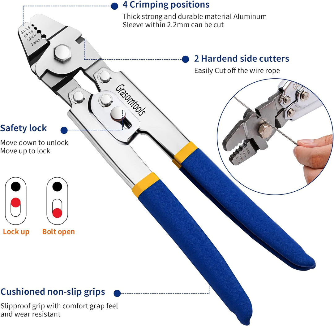 Drahtseil Crimping Swaging Tool,Cable Crimps bis zu 2,2mm mit 160pcs 4sizes Aluminium Double Barrel