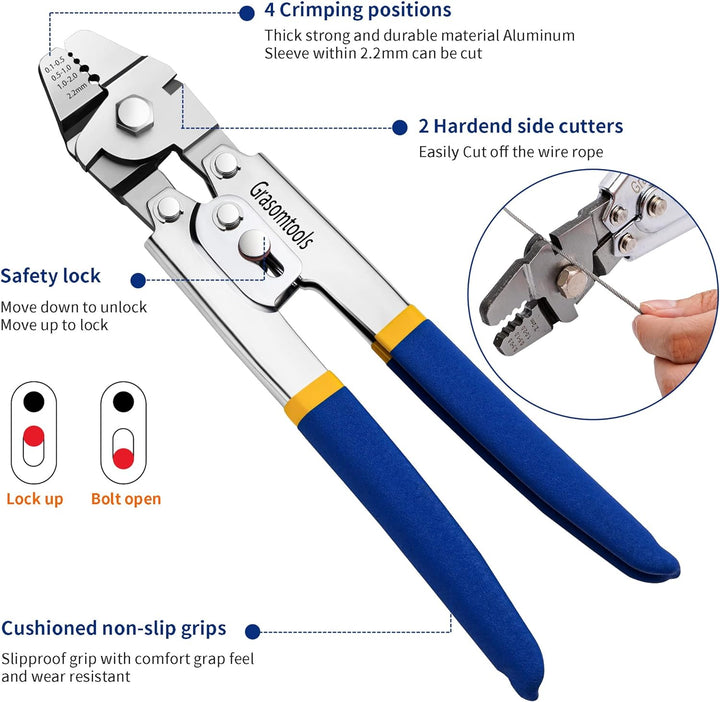 Drahtseil Crimping Swaging Tool,Cable Crimps bis zu 2,2mm mit 160pcs 4sizes Aluminium Double Barrel