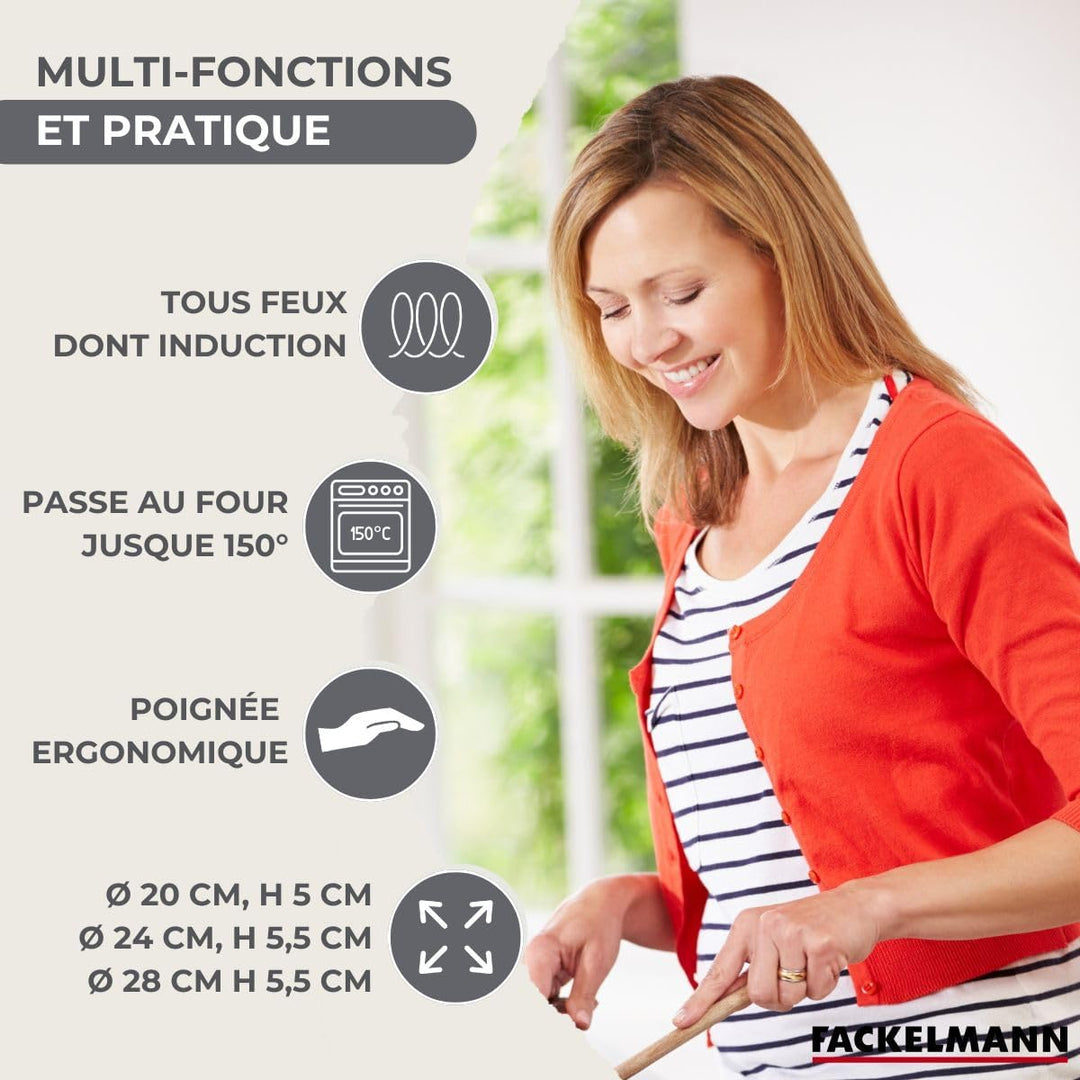 Fackelmann 9445250 Pfannen-Set, 3-teilig, 20, 24 und 28 cm, aus Edelstahl 18/8, 6 Küchenutensilien,