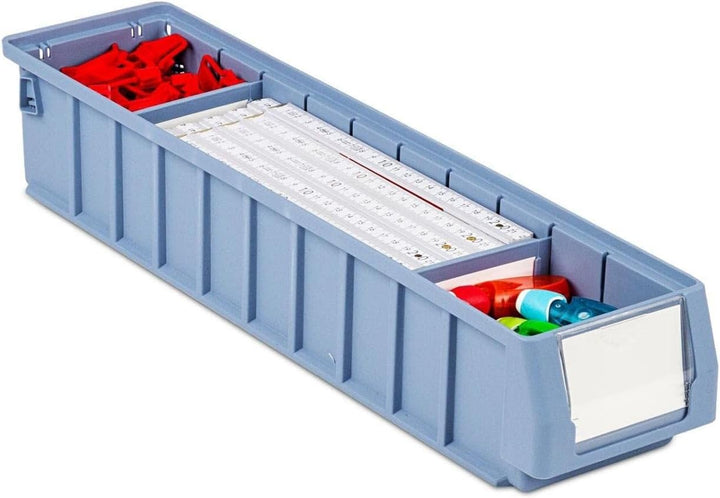 SparSet 5x Regalkasten 500 SN mit Etikett & Schutzhaube | HxBxT 9x11,7x50cm | 3,5 Liter | Sichtlager