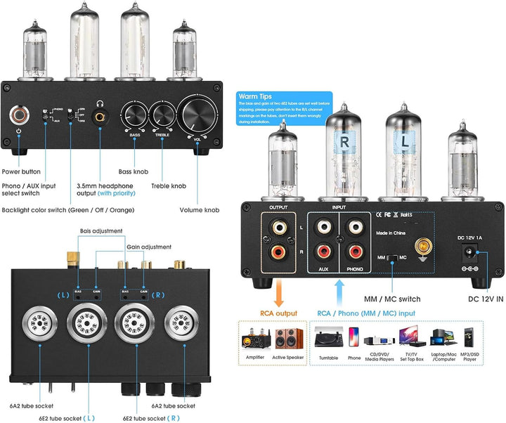 Garosa T9 Tube Phono Preamp MM MC Turntable Vorverstärker für Player -Telefon Tablet PC MP3 (EU -Ste