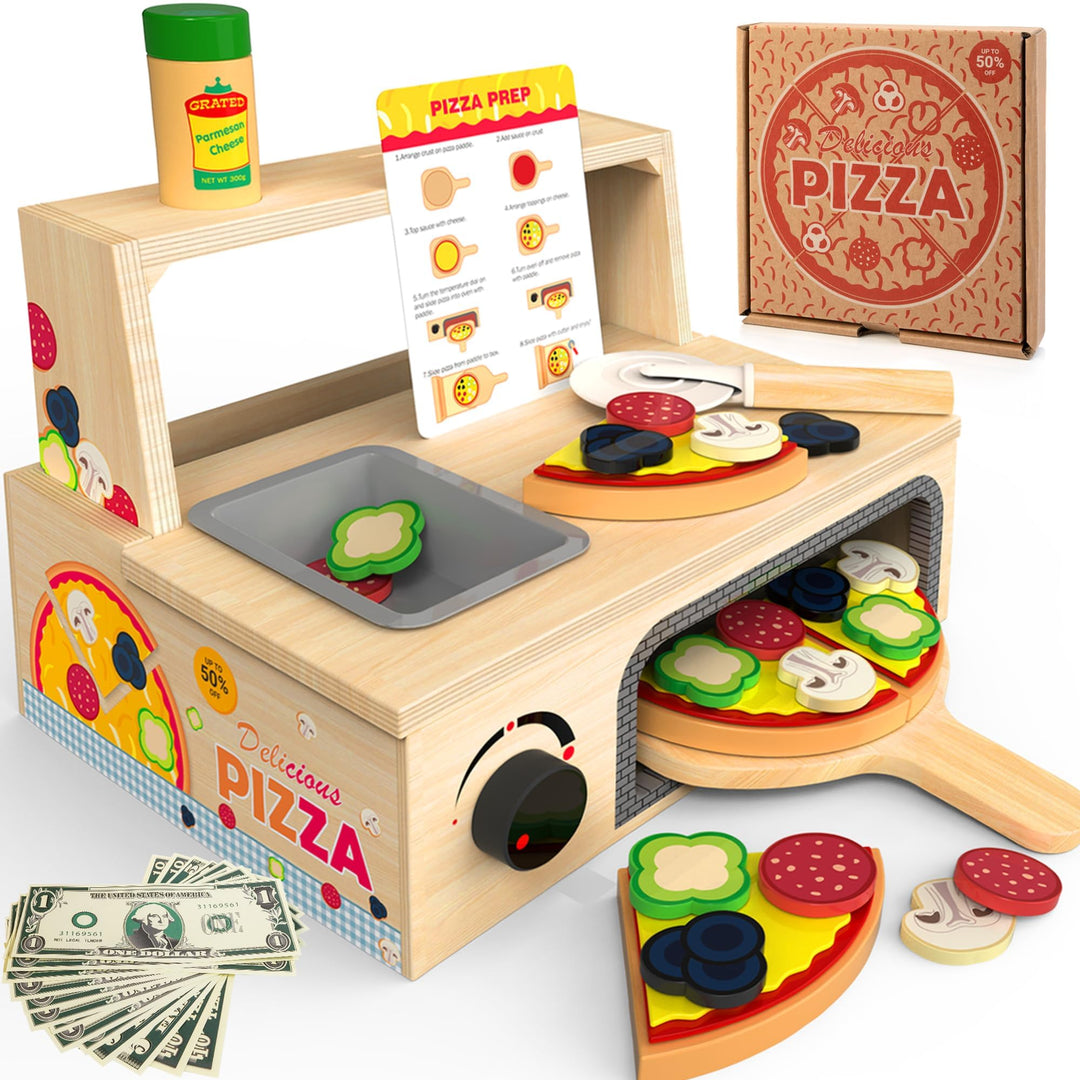 Pizza-Ofen Holzspielzeug ab 3 Jahre Kinder Montessori Spielzeug Kinderküche Zubehör mit Pizza, Pizza
