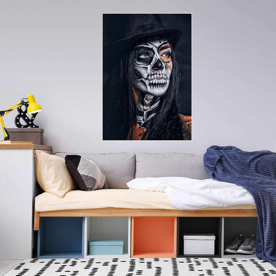 wandmotiv24 Poster als Wanddeko, Grösse Din A1, Model mit Totenkopf Makeup, Schminke, Hut, Frau, Mod