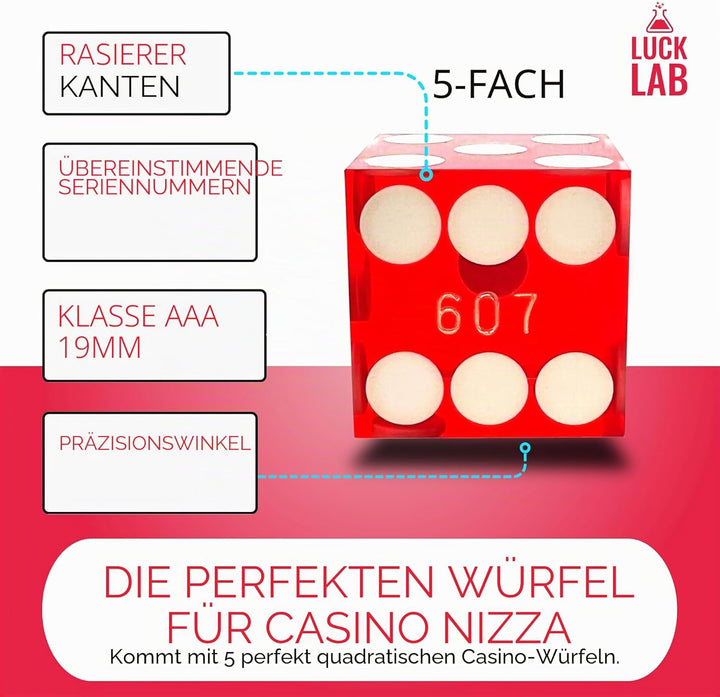 Luck Lab Güteklasse AAA 19 mm Casino-Würfel mit Rasierkanten und passenden Seriennummern, 5 Stück un