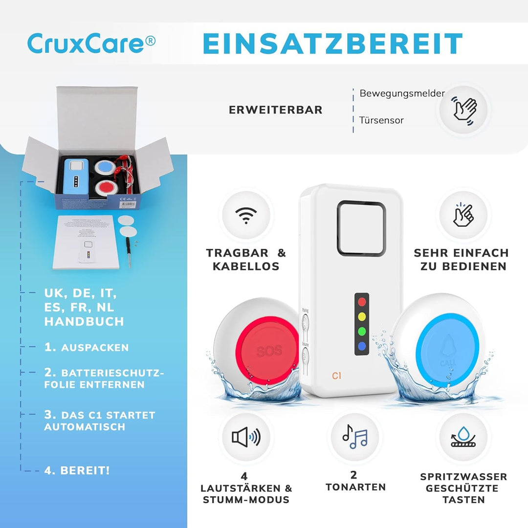 CruxCare C1 Notrufknopf für Senioren - Paniktasten und Pager für Pflegepersonal - 2 Ruftasten & 1 Dr