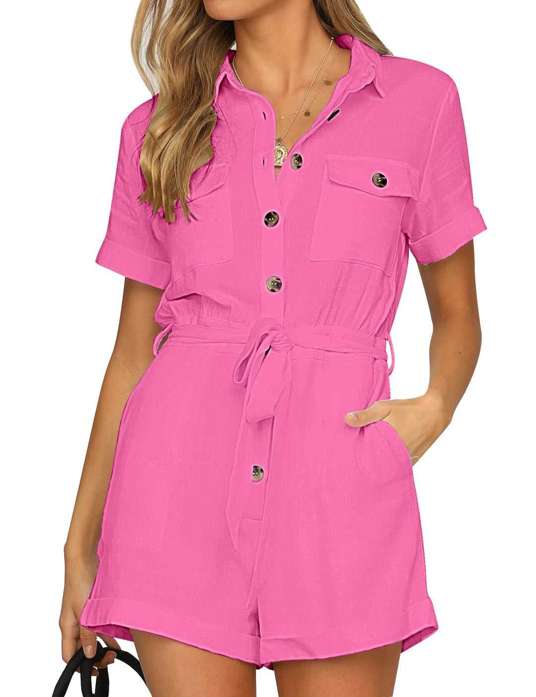 Roskiky Damen Sommer Taschen Gürtel Strampler Knopf Kurzarm Jumpsuit Playsuit XL Aurora Pink, XL Aur