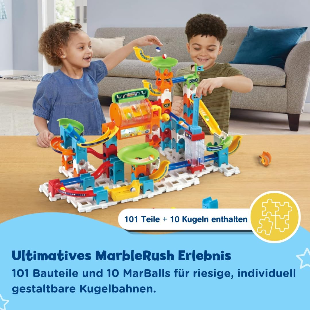 VTech Marble Rush - Super Action Set L100 E – Interaktives Kugelbahn-Set mit Licht und Sound, spanne