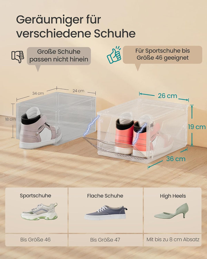 SONGMICS Schuhboxen 6er Set, Schuh-Organizer aus Kunststoff, stapelbar quer und längs, Aufbewahrungs