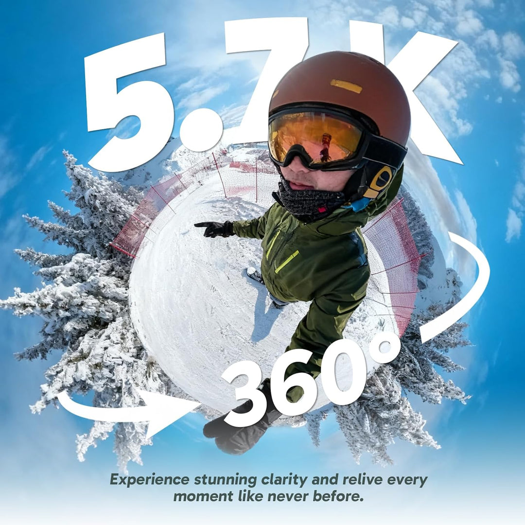 AKASO 360° Action Cam Ski-Set - 5.7K 72MP 360 Grad Actionkamera mit 256GB Speicherkarte Duale 1/2" 4