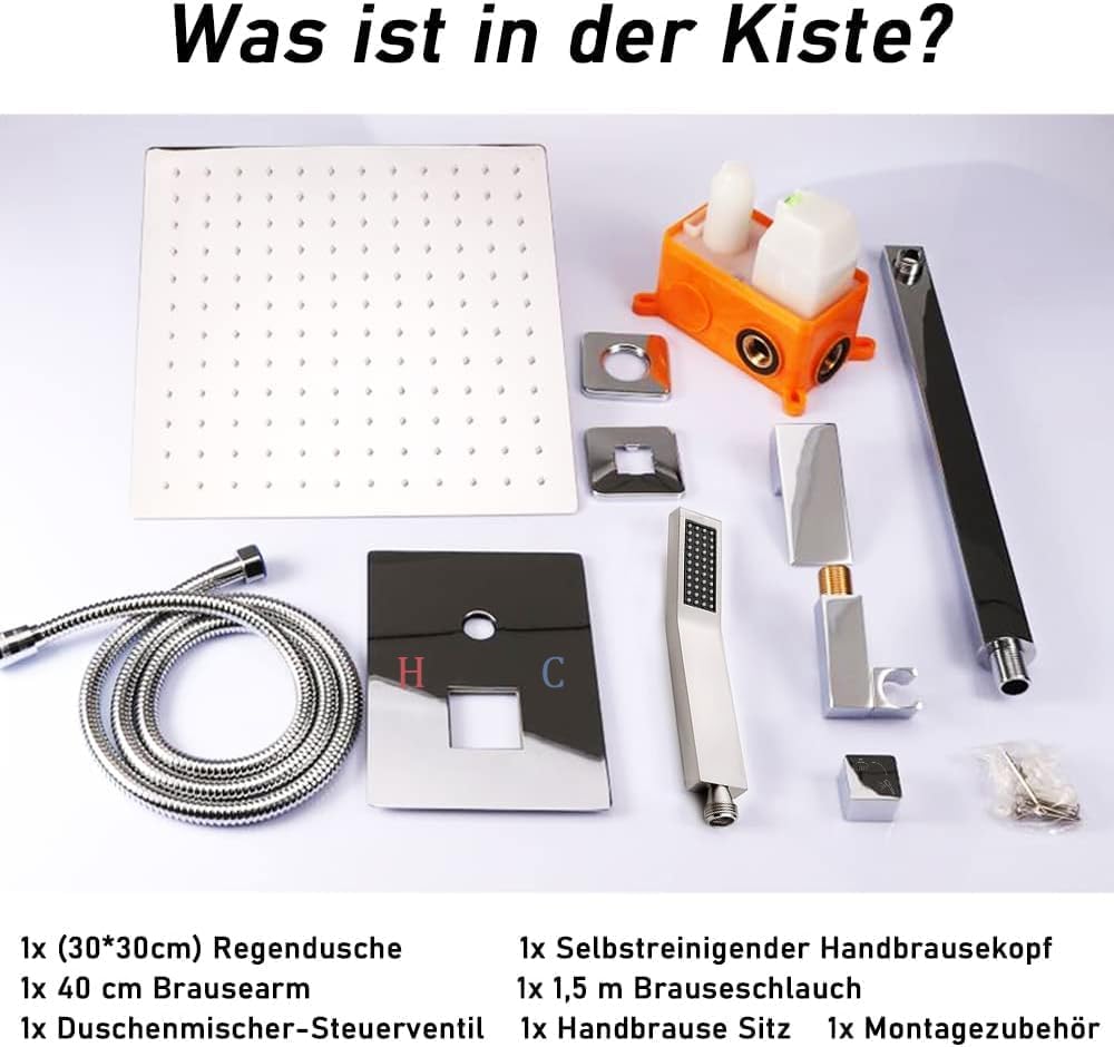 Duschsystem Unterputz Duscharmatur Set mit Regendusche 30x30cm Kopfbrause Handbrause, Unterputz Arma