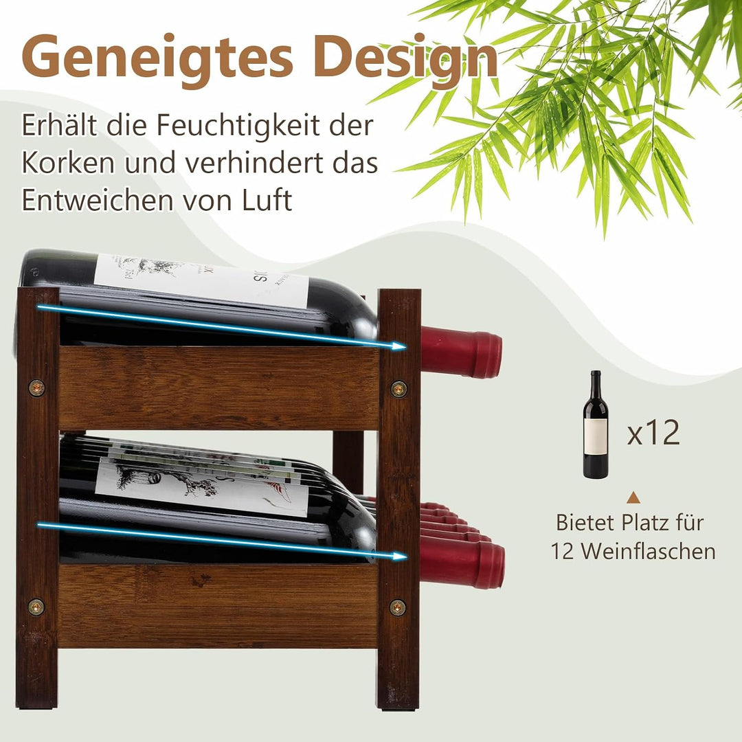 COSTWAY Weinregal Bambus für 12 Flaschen, Flaschenregal mit 2 Etagen, Flaschenhalter für Keller, Küc