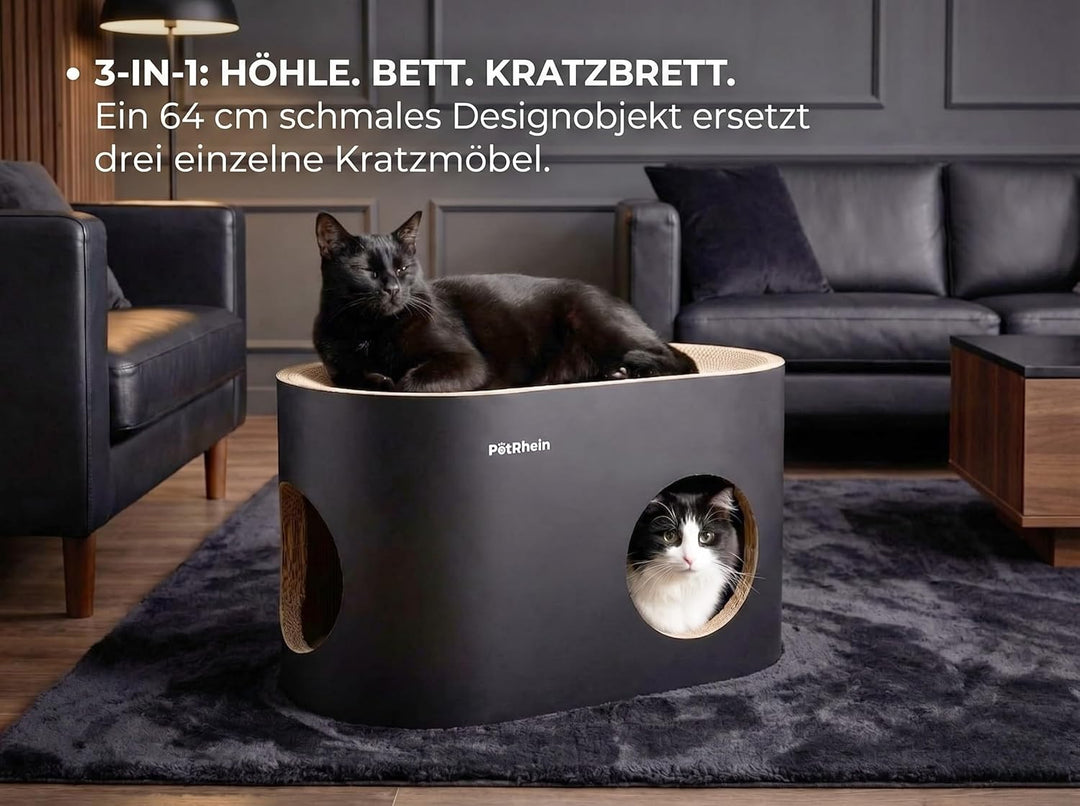 PetRhein Kratzbrett für Katzen aus Kratzpappe,3-in-1 grosses Katzenhöhle mit Kratzmatte &amp; Katzenbett