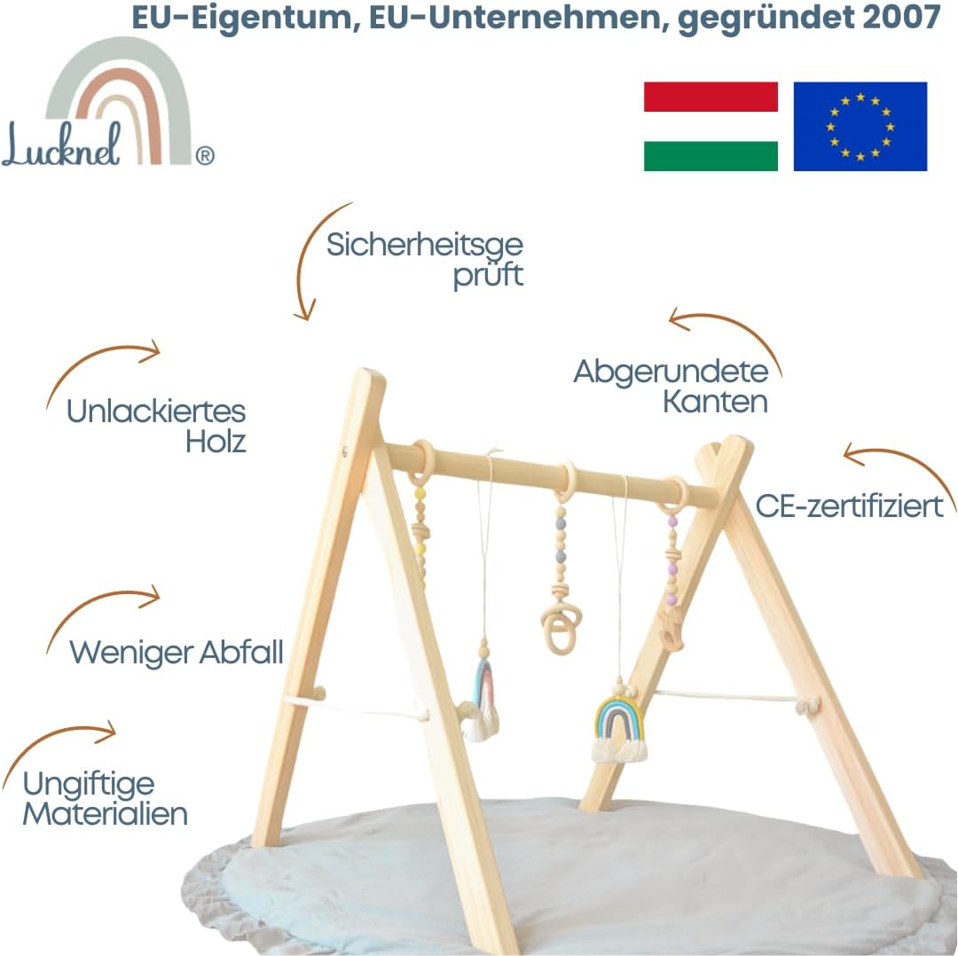 Lucknel Montessori Spielbogen Baby aus Holz mit Spielmatte 90 cm – ab 3 Monate, 5 abnehmbare Hängesp